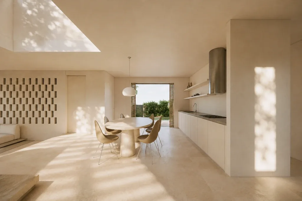 Cocina y comedor con celosía de lamas de madera, vivienda unifamiliar de obra nueva en Sant Pol de Mar