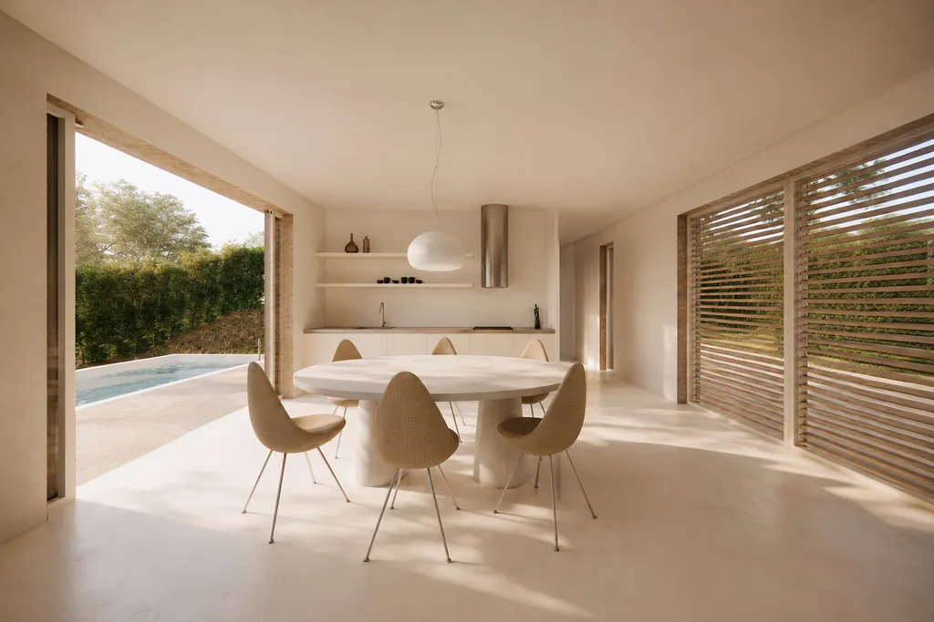 Comedor abierto a la piscina exterior, vivienda unifamiliar de obra nueva en Sant Pol de Mar, Maresme