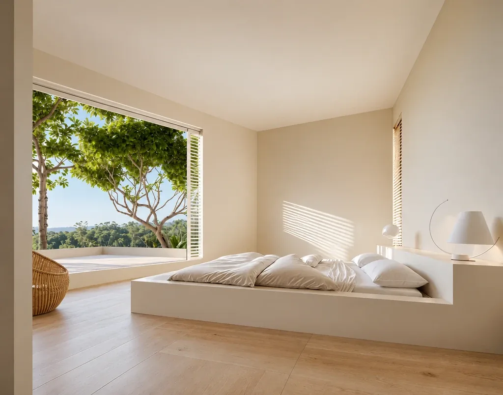 Dormitorio con vistas al mar, vivienda unifamiliar de obra nueva en Sant Pol de Mar, Maresme