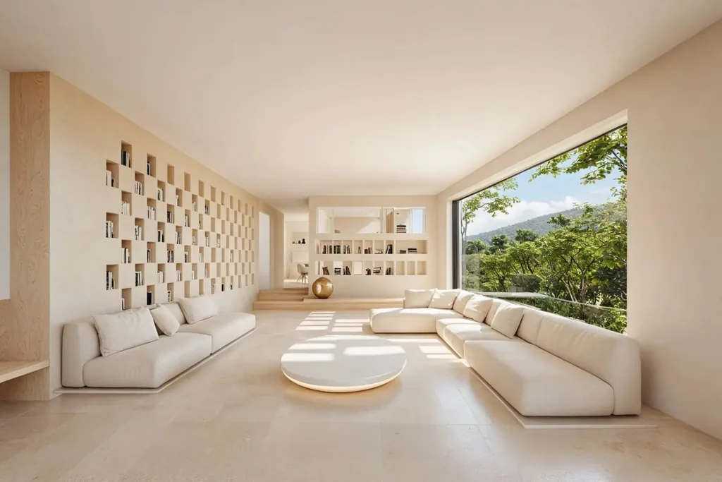 Salón con estantería a medida y vistas al entorno, vivienda unifamiliar de obra nueva en Sant Pol de Mar