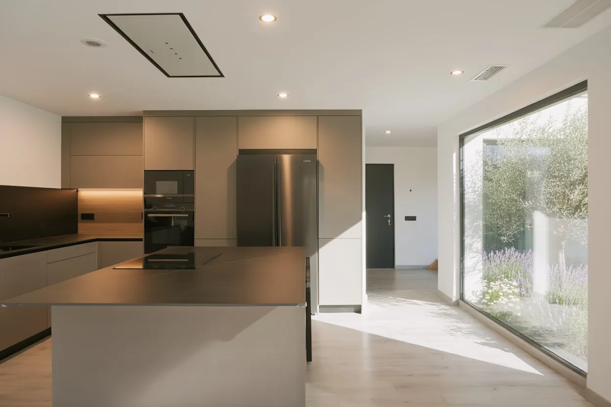 Cocina con vista al jardín y al olivo, vivienda unifamiliar de obra nueva en Lliçà d'Amunt