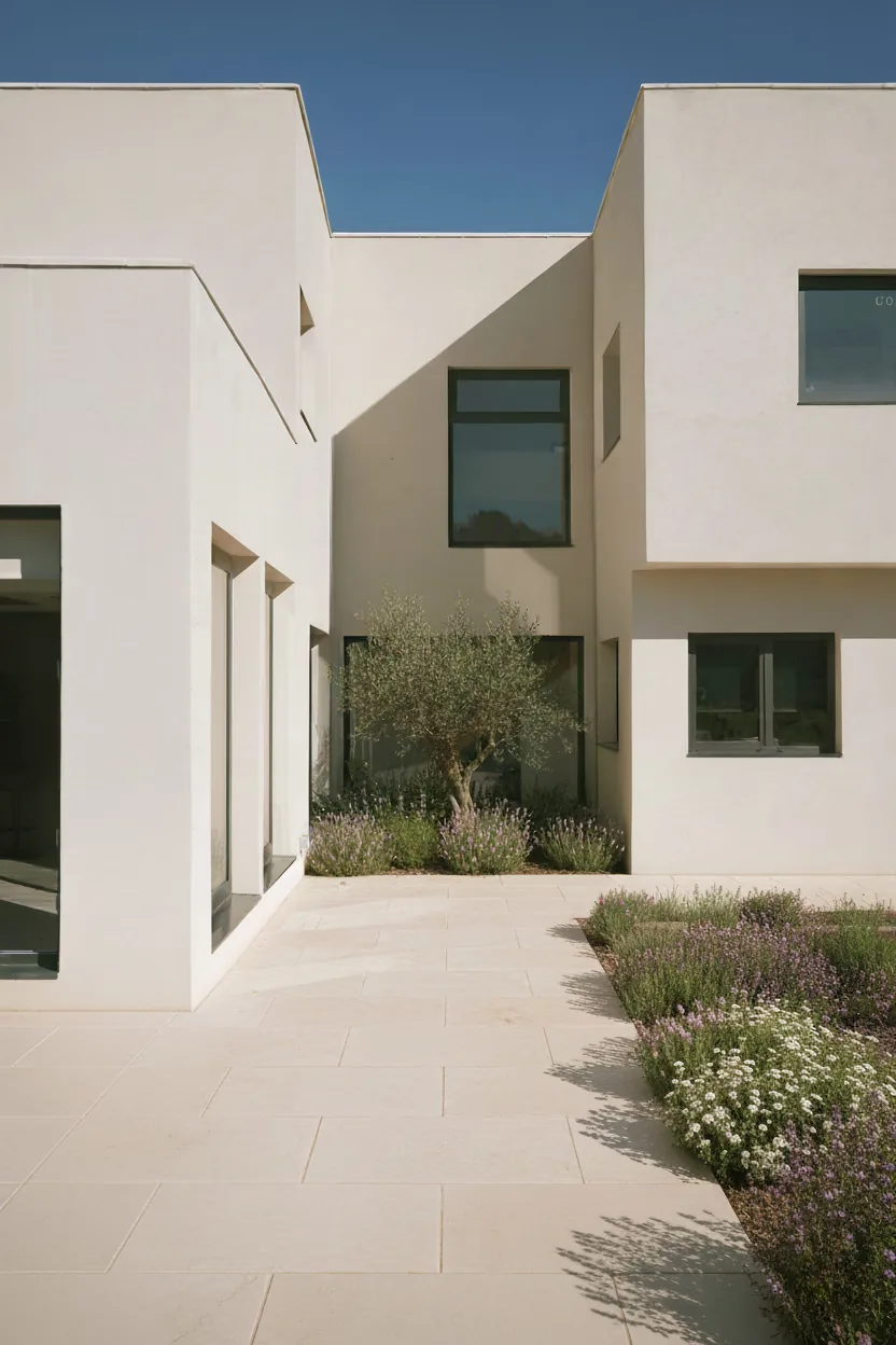 Patio con el olivo preexistente y lavanda, vivienda Gonone