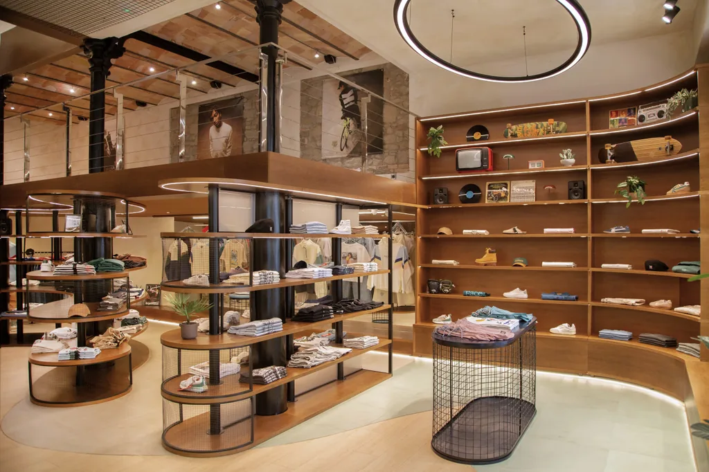 Mobiliario curvo inspirado en módulos de skatepark, diseño de espacio comercial Kaotiko, Manresa