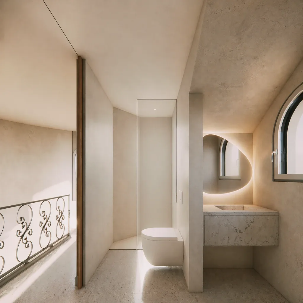 Baño con espejo de forma orgánica retroiluminado, reforma en Madrid