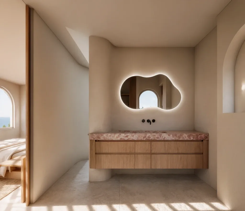 Lavabo con espejo de forma orgánica y encimera en mármol, reforma en Madrid