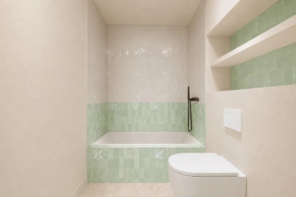 Baño con bañera revestida en azulejo verde, reforma de vivienda en Sarrià, Barcelona