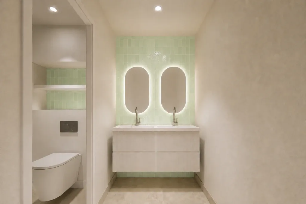 Baño con doble lavabo y azulejo verde, reforma de vivienda en Sarrià, Barcelona
