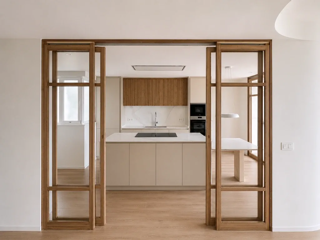 Carpintería corredera de madera y vidrio entre cocina y salón, reforma en Sarrià, Barcelona