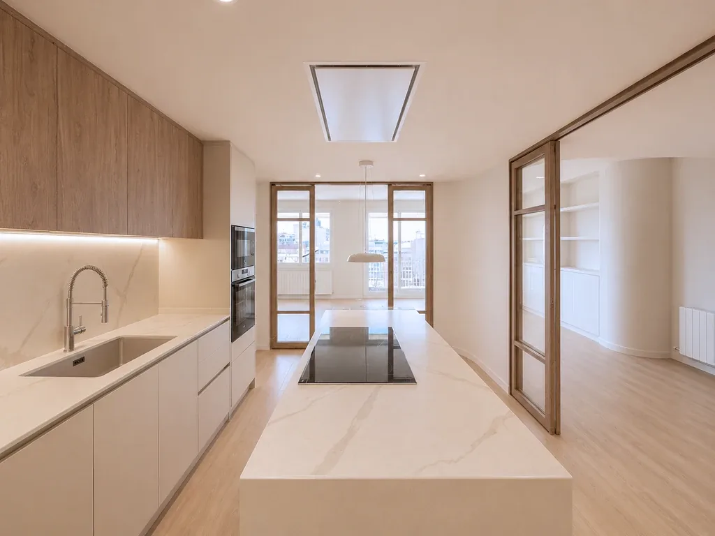 Cocina con isla de mármol, reforma Pudent