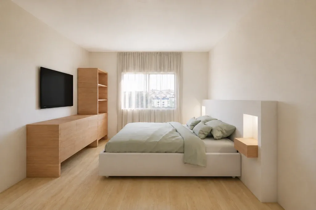 Dormitorio con mueble a medida y cabecero curvo, reforma en Sarrià, Barcelona
