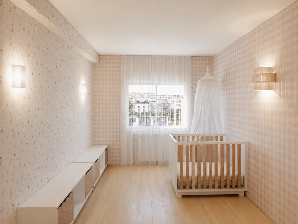 Habitación de bebé con dosel y papel pintado, reforma de vivienda en Sarrià, Barcelona