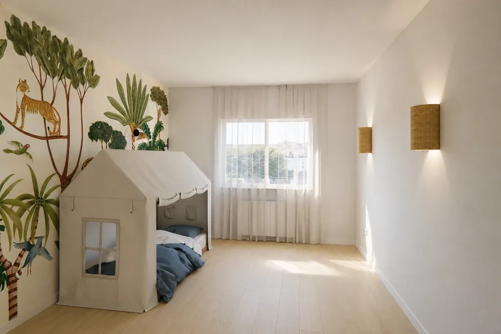 Habitación infantil con mural decorativo, reforma de vivienda en Sarrià, Barcelona