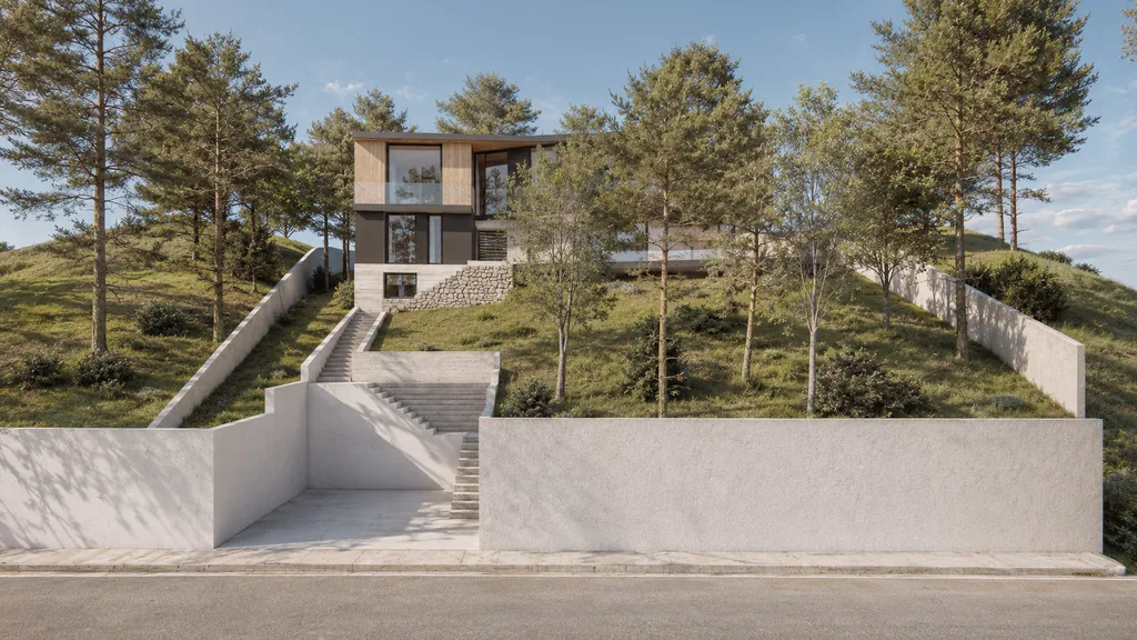 Render del acceso con escalera y muros de contención, vivienda unifamiliar de obra nueva en La Floresta