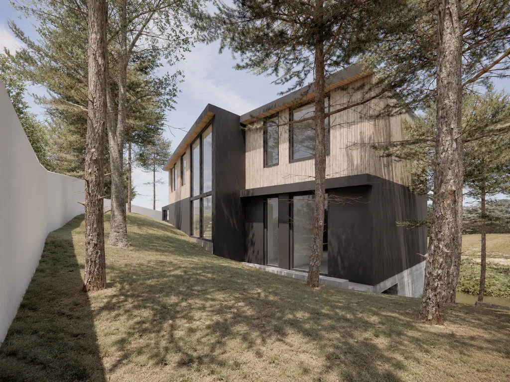 Render de fachada lateral entre pinos, vivienda unifamiliar de obra nueva en La Floresta