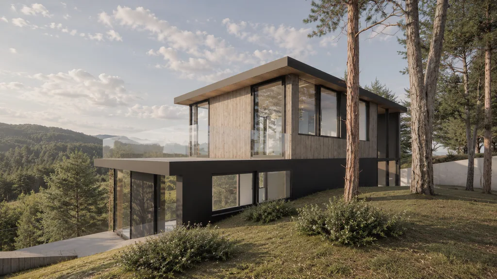 Fachada con vistas al bosque, vivienda Tarida