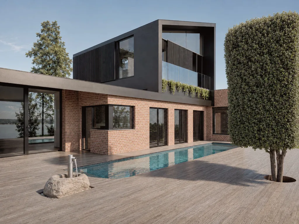 Ampliación de vivienda con nueva planta en madera negra sobre volumen en ladrillo, junto a la piscina, Bellaterra