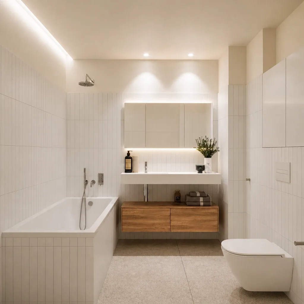 Baño con bañera revestida en gres y mueble de madera, rehabilitación integral en Barcelona