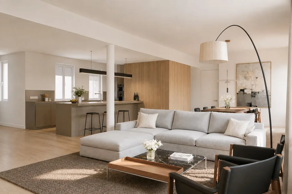 Salón y cocina con isla, rehabilitación integral de vivienda en el Eixample, Barcelona